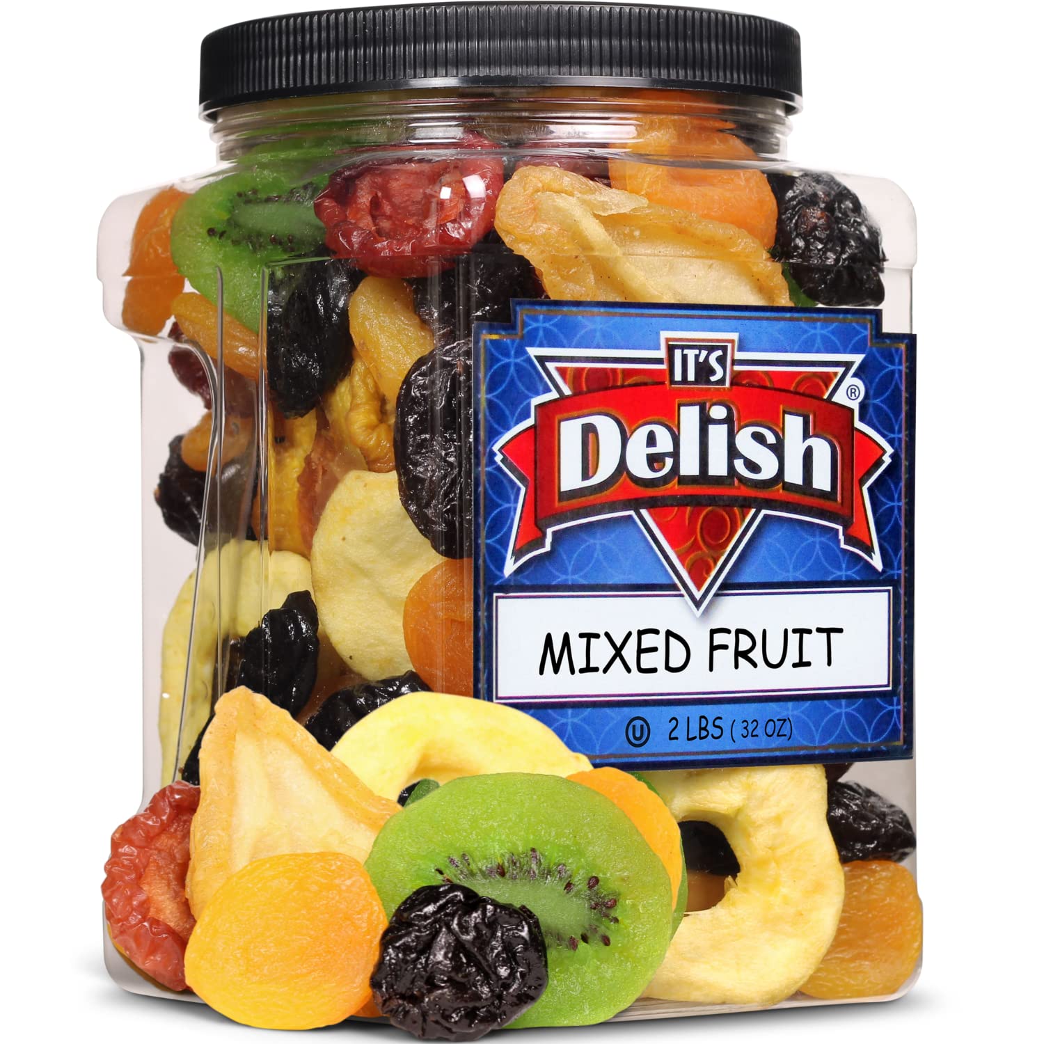 Dried Mixed Fruit with Prunes by It's Delish, 2 lbs (32 Oz) Jumbo Container | Snack Mix of Prunes, Apricots, Plums, Apple Rings, Nectarines, Peaches, Pears, Kiwi Slices | Dry Fruits - Vegan Kosher Healthy Snacks
