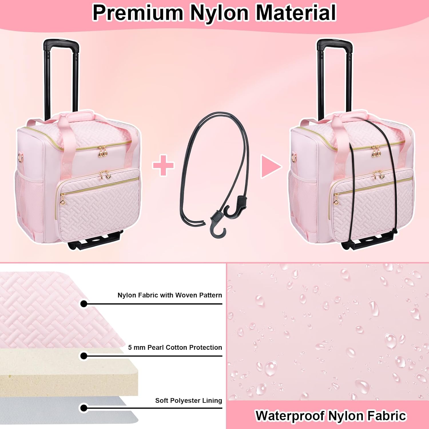 Rolling Teacher Tote Bag with Detachable Trolley, Wheeled Teacher Bag with 15 Inch Laptop Compartment, Soft Nylon Multifunctional Tote Bag with Wheels for Teaching& Office Supplies (Pink)