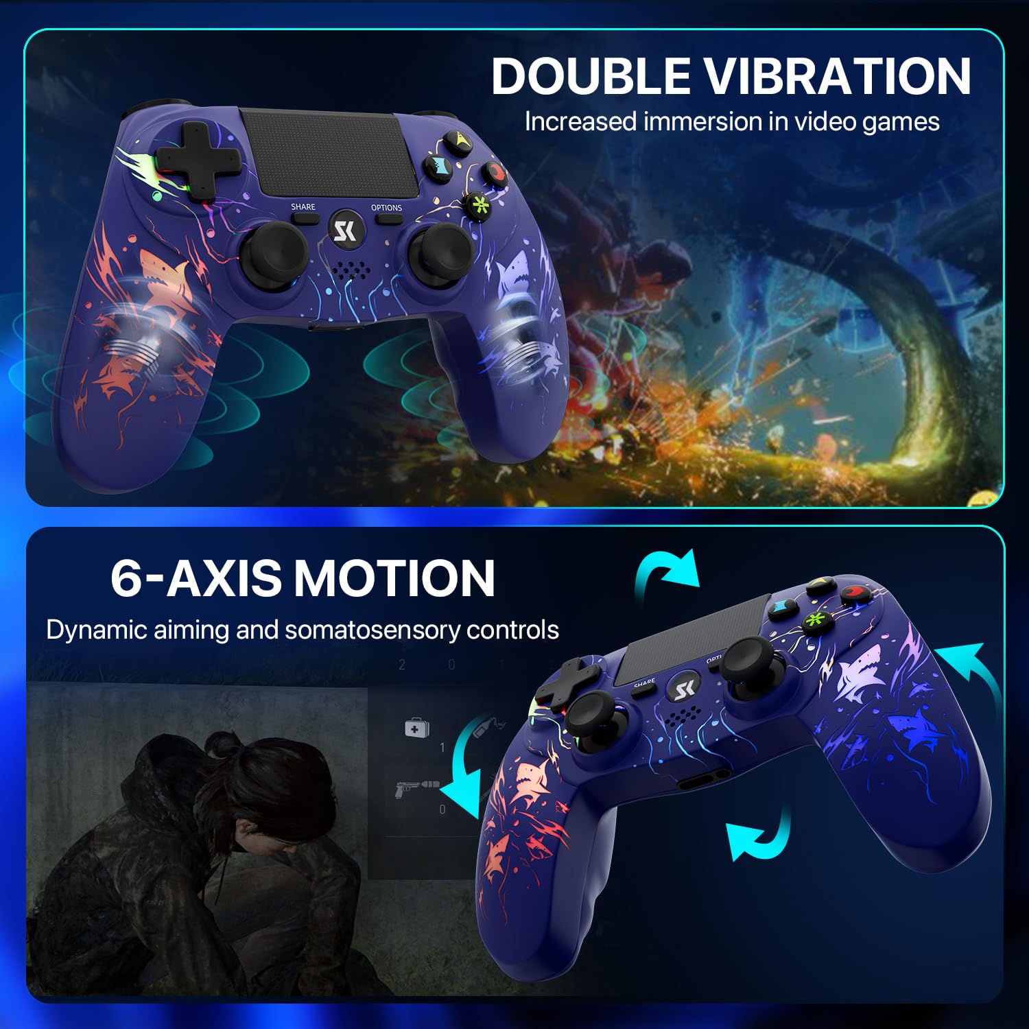 ISHAKO 2 Pack Controller for PS4, Wireless Controller for PS4/Pro/Slim/PC/Mac, Gaming Controller with RGB Lighting, 1000mAh Battery, Double Vibration, 6-Axis Motion Control (Purple&Black, 2Pack)