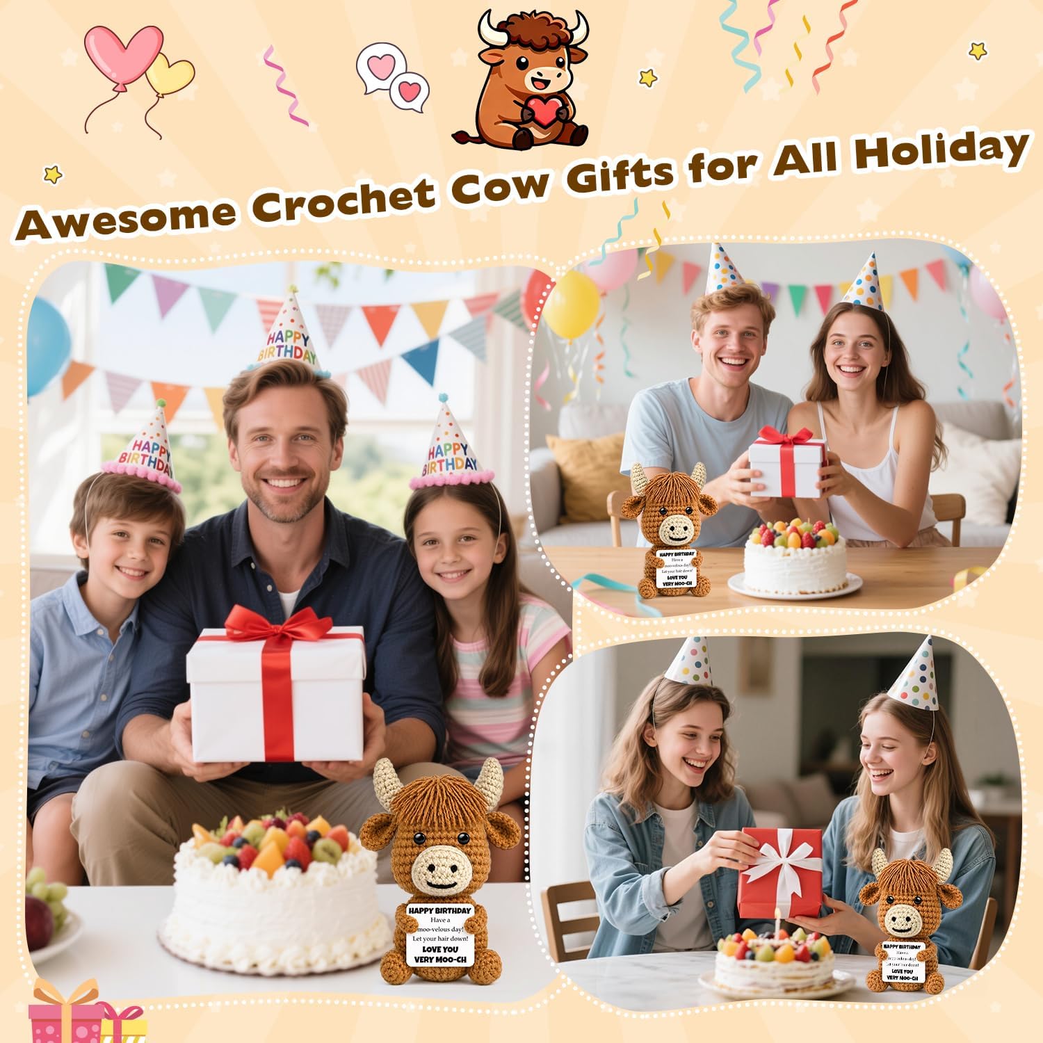 Mini Highland Cow Birthday Gifts for Women Men, Tiny Happy Birthday Gift for Her Him Friends Bestie Coworker Sister Brother Adult, Unique Handmade Crochet Support Present