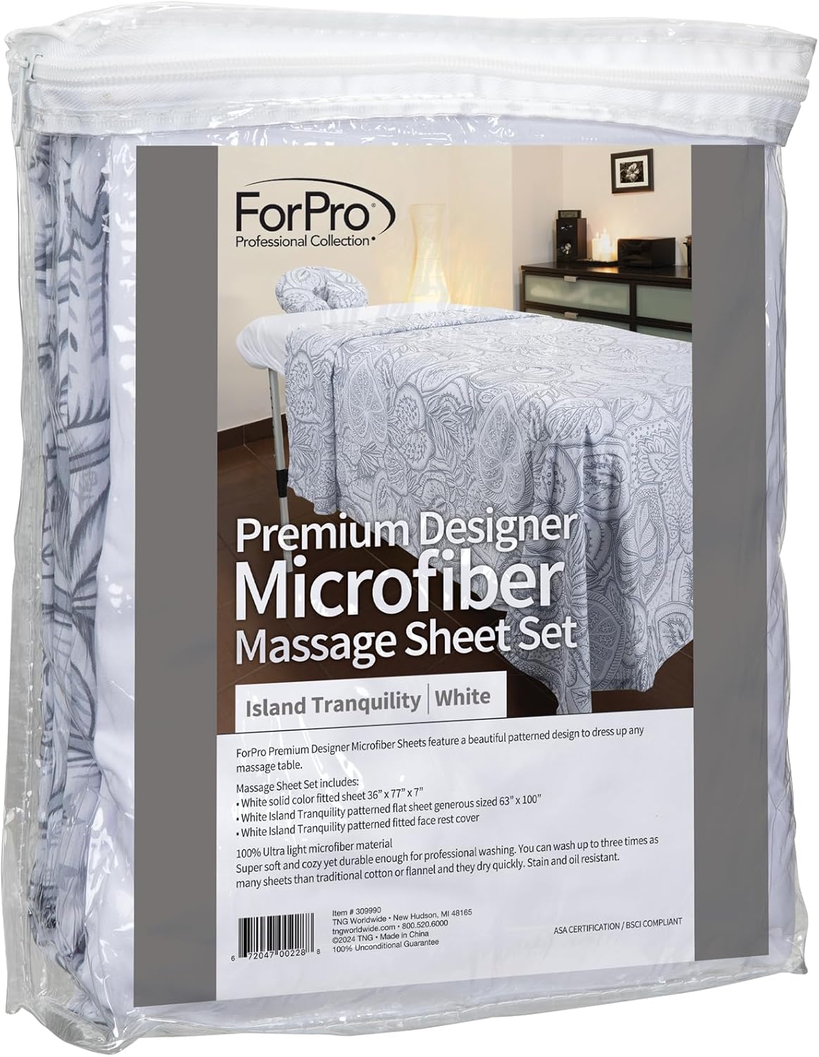 ForPro Premium Designer Microfiber 3-Piece Massage Sheet Set, Island Tranquility, Ultra-Light, Stain and Wrinkle-Resistant, Includes Massage Flat Sheet, Fitted Sheet and Face Rest Cover, White