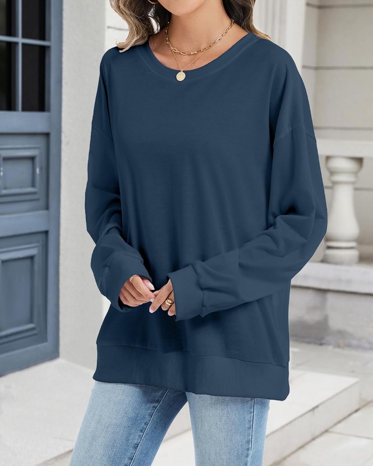 CHICGAL Sweatshirt for Women Long Sleeve Shirts Crewneck Color Block Solid Cute Pullover Casual Tunic Tops (Navy Blue, XL) - Image 4
