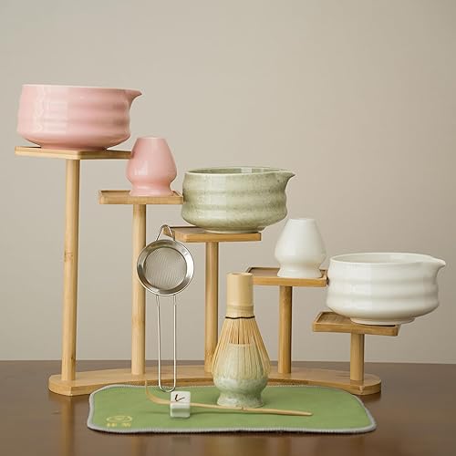 Miniatura 6 de Juego de batidor de matcha, 7 piezas de kit de fabricación de matcha con batidor, cuenco de cerámica, tamiz, cuchara, soporte, soporte y toalla de