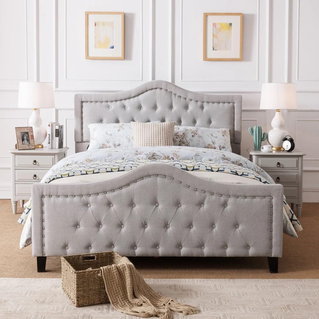 Upholstered Queen Size Bed Frame with Headboard and Footboard, Adults Modern Single Low Platform Bed Frame Queen for Bedroom, No Box Spring Needed, Light Grey