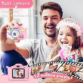 PROGRACE Kids Camera for Girls and Boys - Ages 3-12, Digital Video Camcorder Toy with Cartoon Soft Cover - Unicorn Camera with 32GB SD Card - Best Christmas Birthday Gift for Kids, Pink