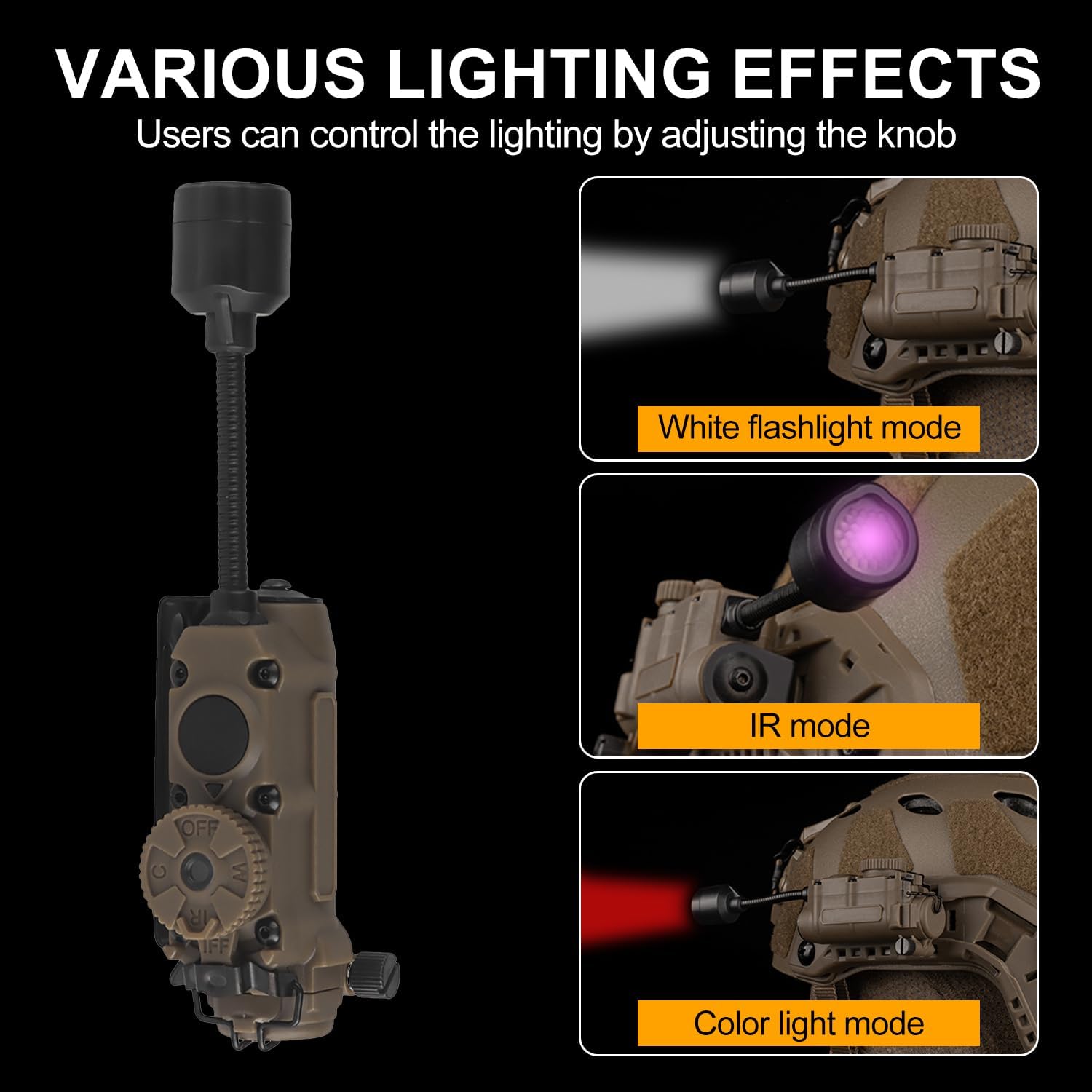 Tactical Helmet Light Signa Recognition Multi-Function IR + Red/Green/Blue +White LED Task Lamp with Fast ARC Rail Mount(Tan)
