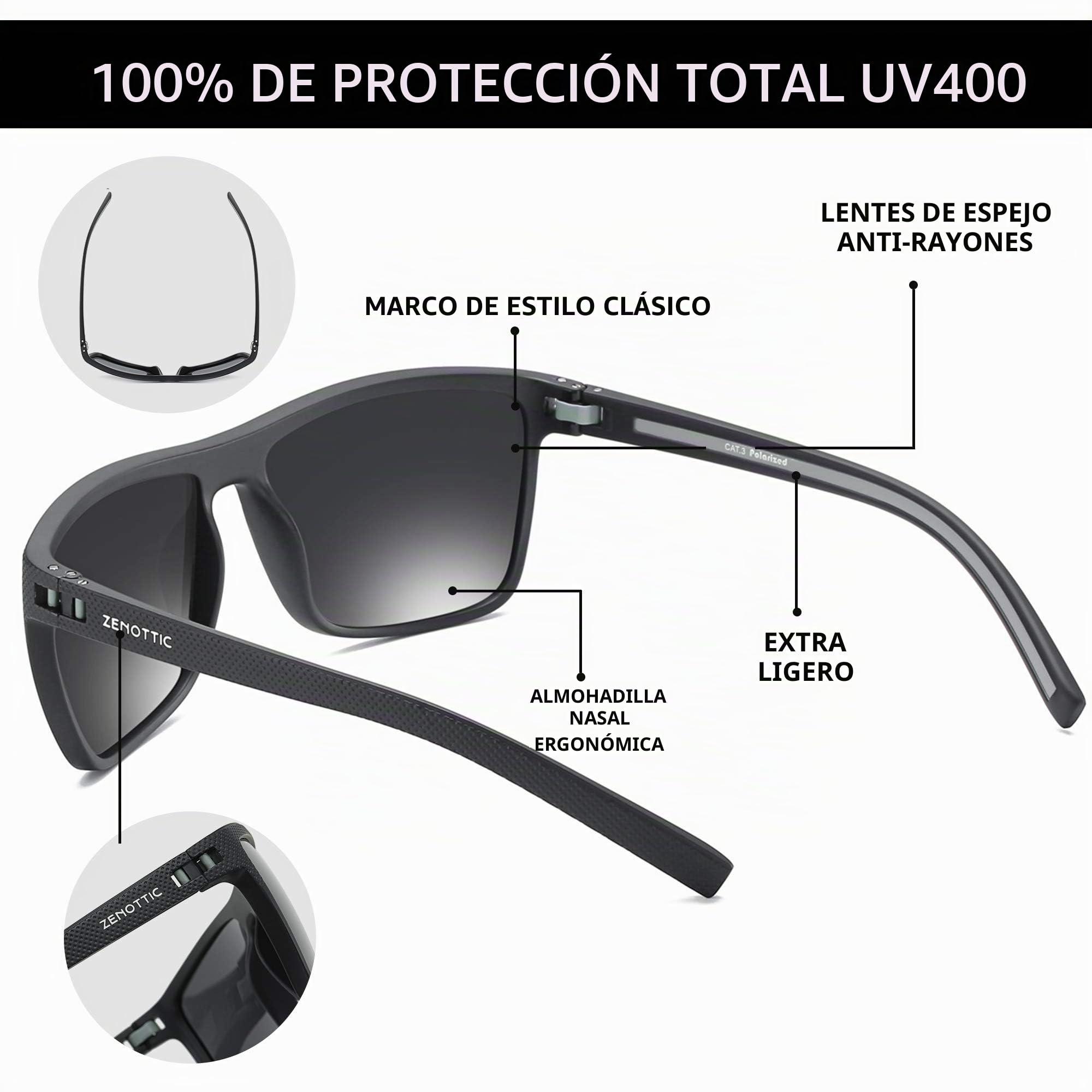 ZENOTTIC Gafas de sol polarizadas hombres luz TR90 marco UV400 protección cuadrado gafas de sol