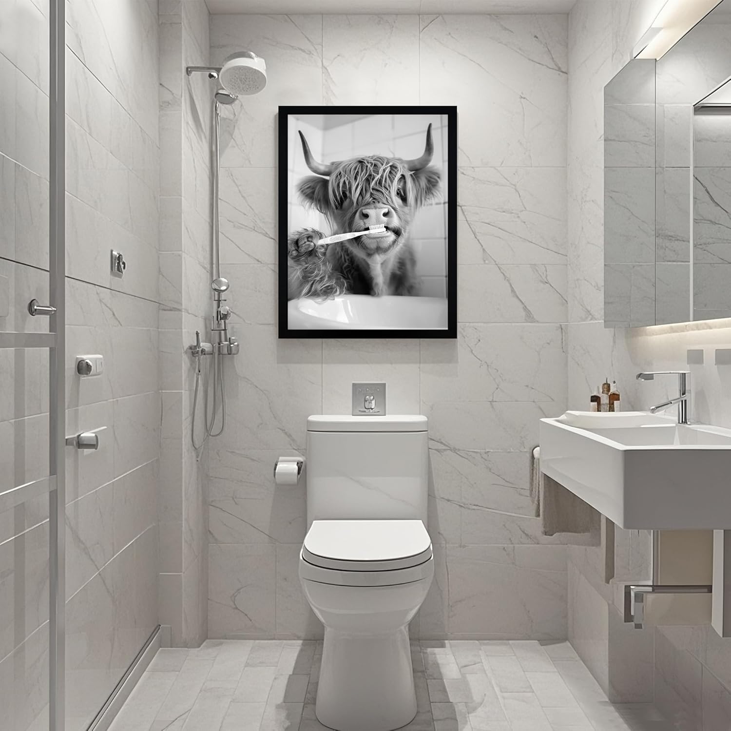 FYLDPSB Highland Cow Framed Canvas Wall Art Funny Animals Bathroom Wall Decor Highland Cow Brushing Teeth Painting Pictures Black and White Animal Print Posters, home decor for Bathroom, 12"W * 16"H