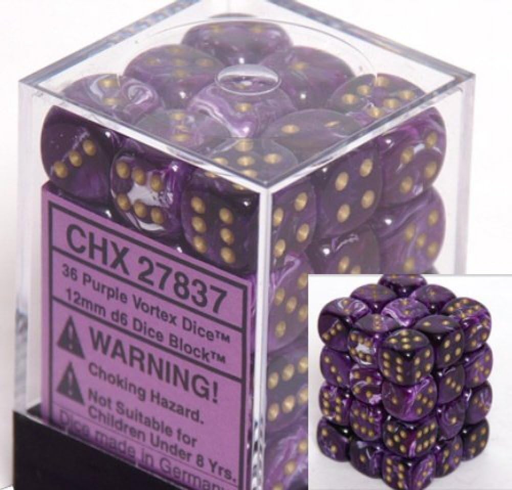 Dice D6 Sets: Vortex Purple with Gold - 12Mm Six Sided Die (36) Block of Dice