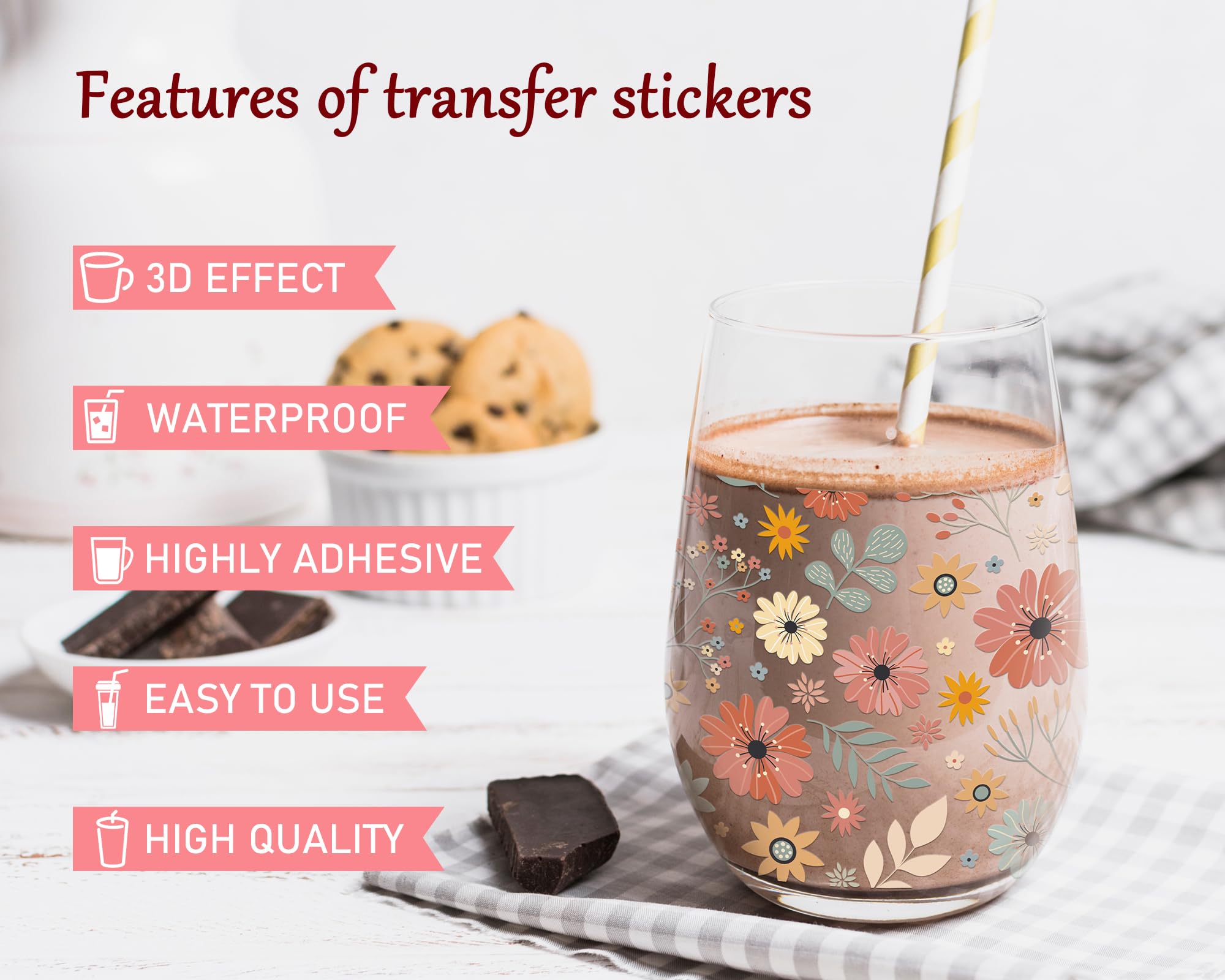 Rngmsi UV DTF Cup Wrap - 8 Sheets Flower UV DTF Cup Wraps for 16 oz, Boho Rainbow Sunflower Rub on Transfer Decals, Personalized Waterproof Plant Uvdtf Stickers for Glass, DIY Wood Crafts