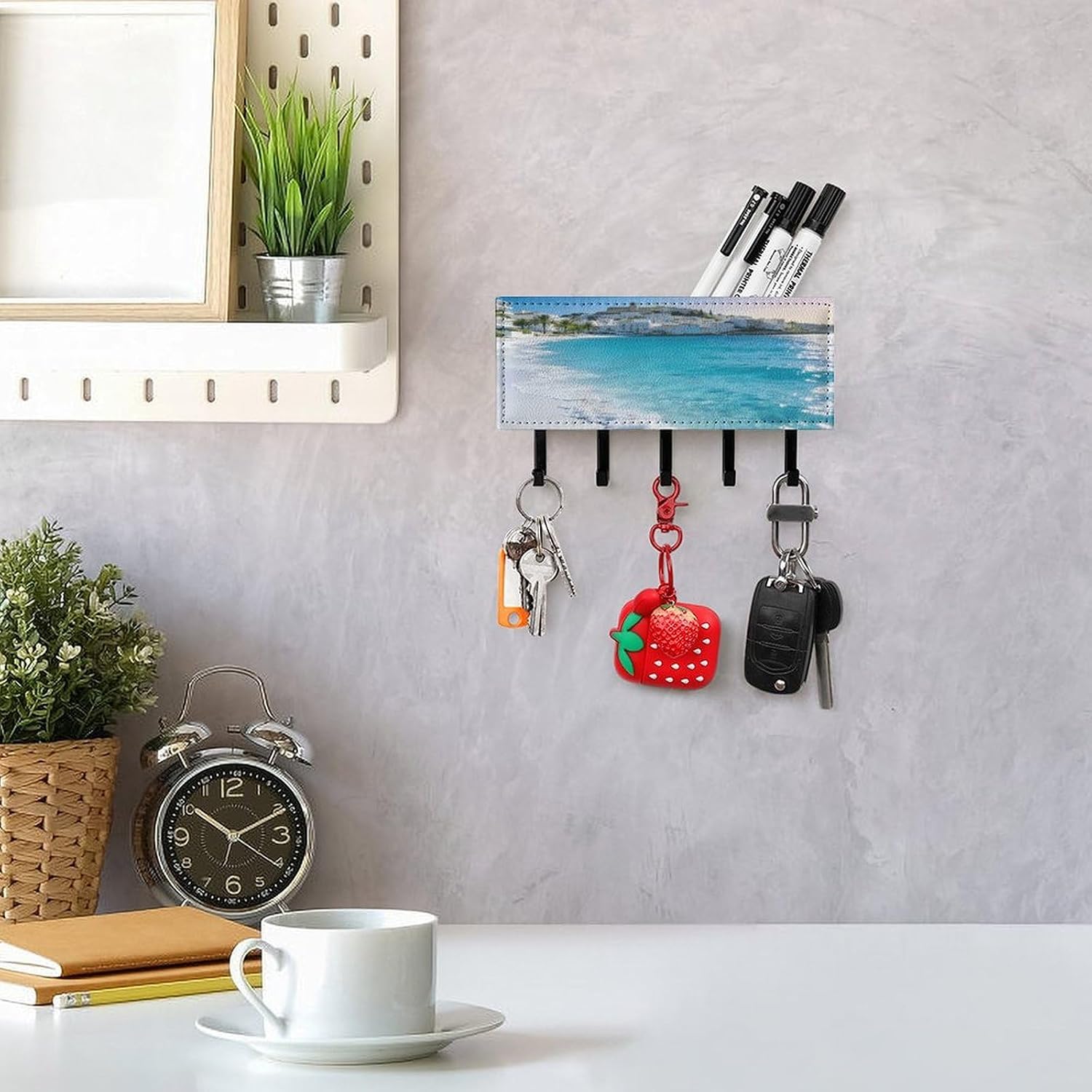 Key Holder Wall Mount Key Hanger with 5 Hooks, Decorative Key Rack | Ibiza - Blue Hanging Key Hooks with Mail Organizer for Wall Living Room Kitchen Bathroom Hallway