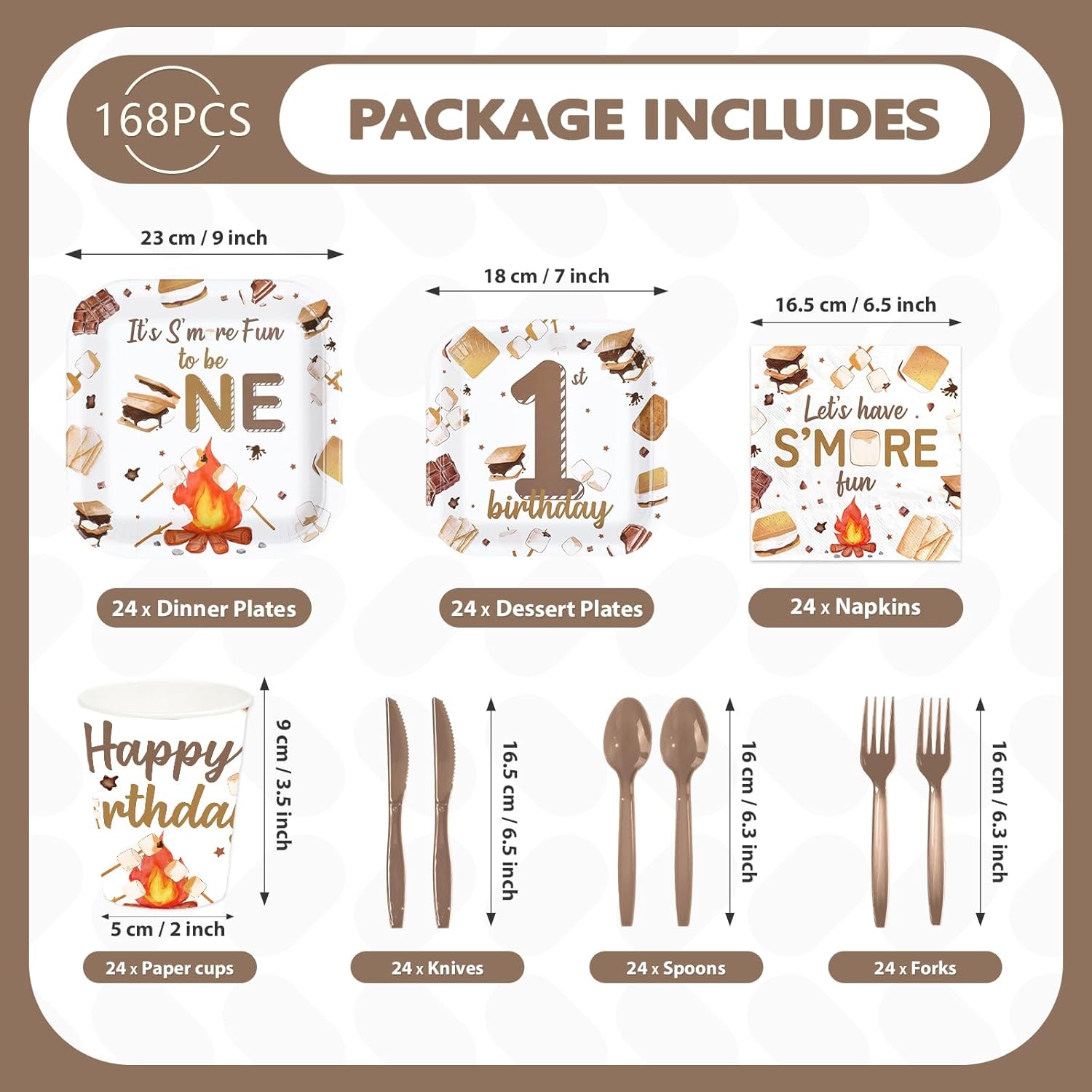 168Pcs S'mores Camping Birthday Party Decor It's S'more Fun to Be One Plates Napkins Cups Forks Knives Spoons First Birthday Disposable Paper Tableware Set for Baby 1st Party Supplies Serves 24