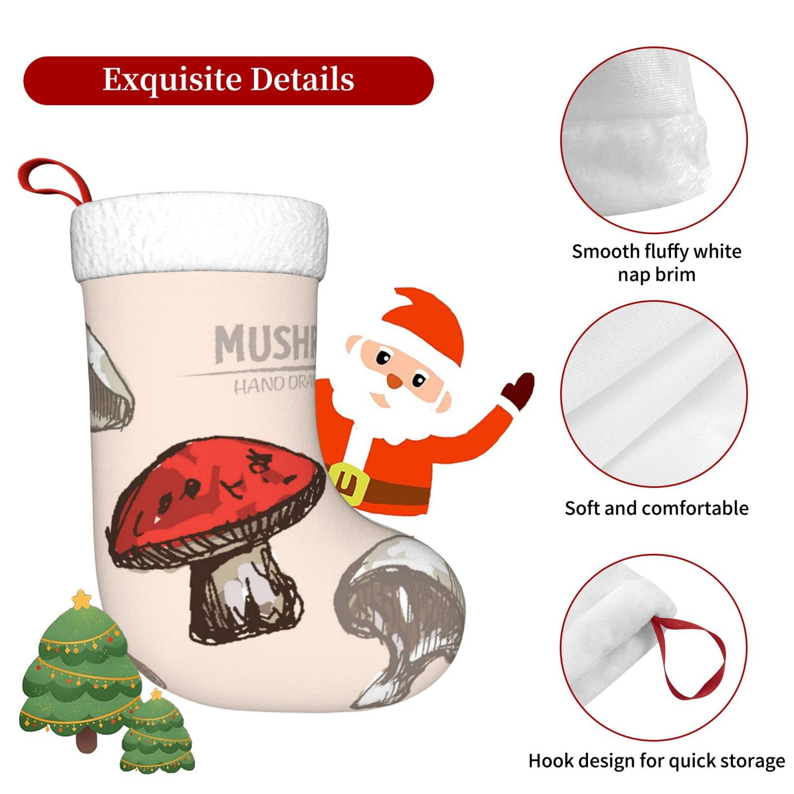 Weihnachtsstrumpf 45 Cm – Rot, Mit Hut- Und Pilzmotiv, Aus Samt, Mit Aufhängebändchen