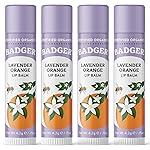 Badger Lavender Orange Classic Lip Balm, 100% Organic Balm, Long Lasting Lip Care w/Light Silky Texture, Uplifting Orange & Calming Lavender Lip Balm, 4 Pack