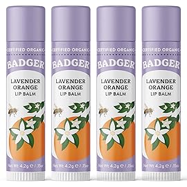 Badger Lavender Orange Classic Lip Balm, 100% Organic Balm, Long Lasting Lip Care w/Light Silky Texture, Uplifting Orange & Calming Lavender Lip Balm, 4 Pack