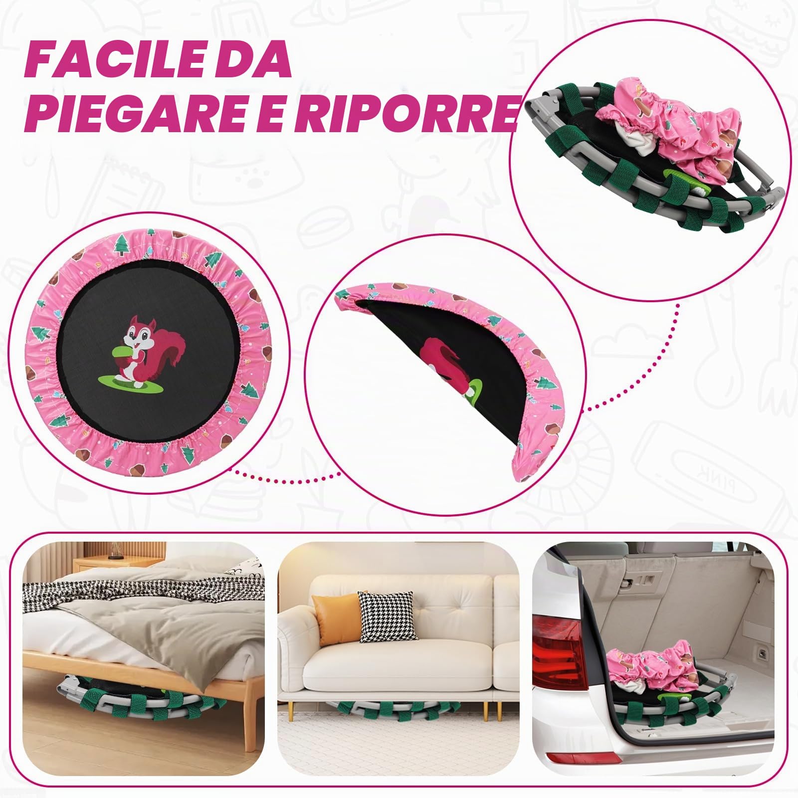 Trampolino Elastico per Bambini,Tappeto Elastico Pieghevole per Bambini con Piccolo Scoiattolo Copertura,Cuscinetti Antiscivolo e Maniglia,Ideale per Interno ed Esterno,Carico Massimo 150 kg
