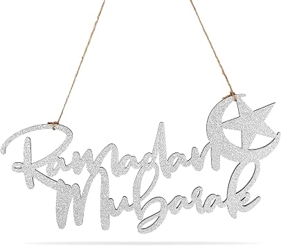 Queekay Ramadan Mubarak Hanging Sign Eid Wooden Glitter Sign Moon and Stars Hanging Decoration for Home Ramadan Mubarak Happy Eid Party