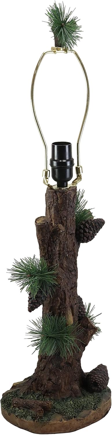 Ebros Large 26.75" H Rustic Cabin Lodge Mountain Vintage Design Decor Pine Tree Needles Pinecones and Bark Textured Side Table Lamp Statue with Shade Desktop Lamps Accent Seasons Greetings and Peace