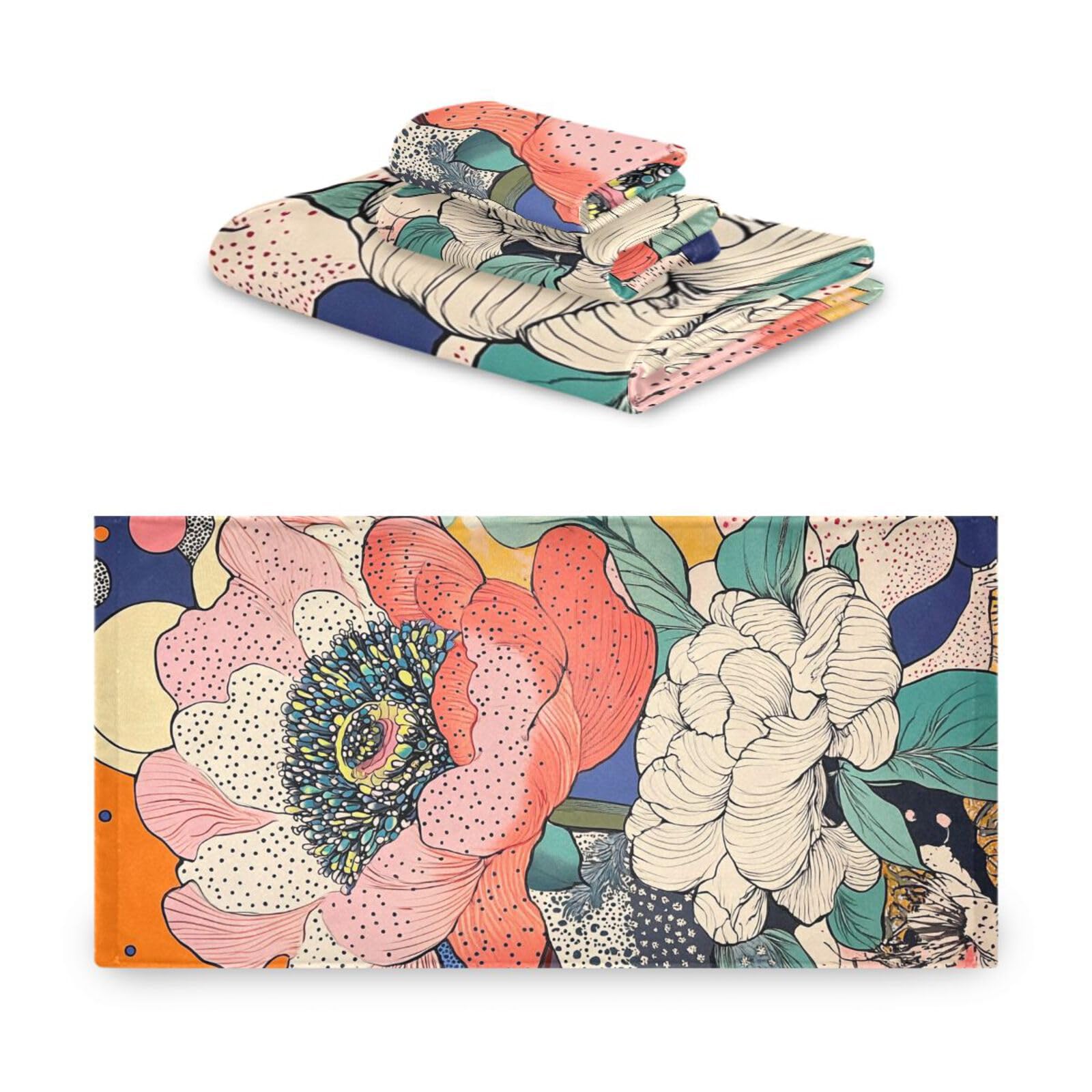 Set di 3 asciugamani colorati con fiori di peonia, 1 asciugamano da bagno, 1 asciugamano per le mani, 1 panno per cucina, bagno, yoga, palestra