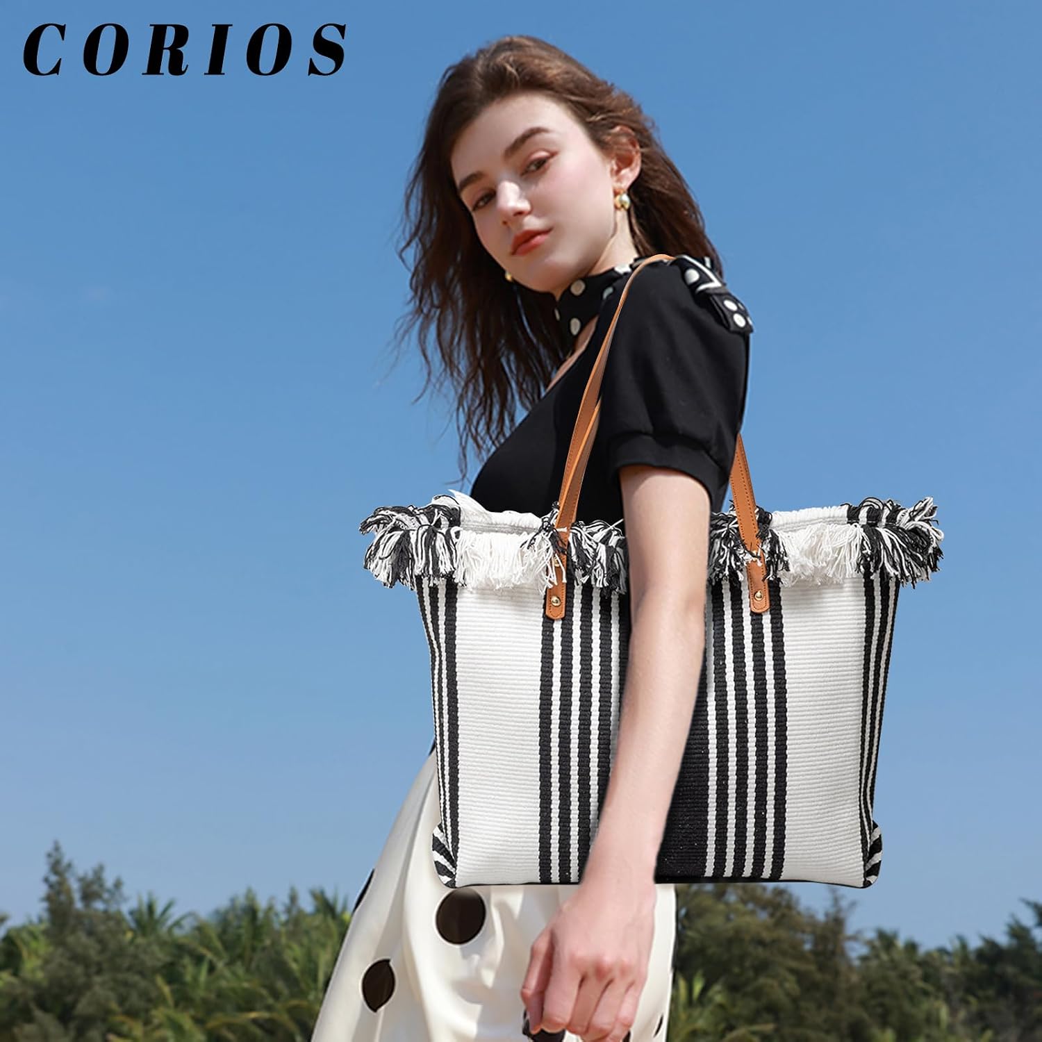CORIOS Tote Bag for Women Cute Canvas Shoulder Bag Summer Vibe Beach Bag Casual Handbag Bohemian Hobo Bag with Tassels