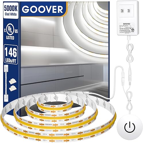 GOOVER Kit de tira de luz LED blanca, UL COB 1440LEDs, Ra 90+, incluye interruptor de atenuación táctil + adaptador de corriente con certificación