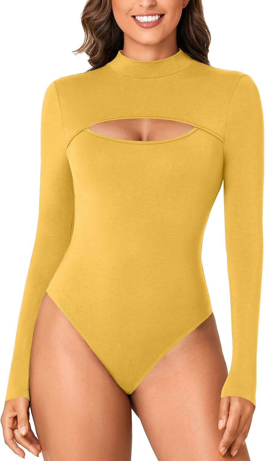 LYANER Women's Mock Neck Sexy Cutout Front Long Sleeve Slim Fit Bodysuit Leotard Top