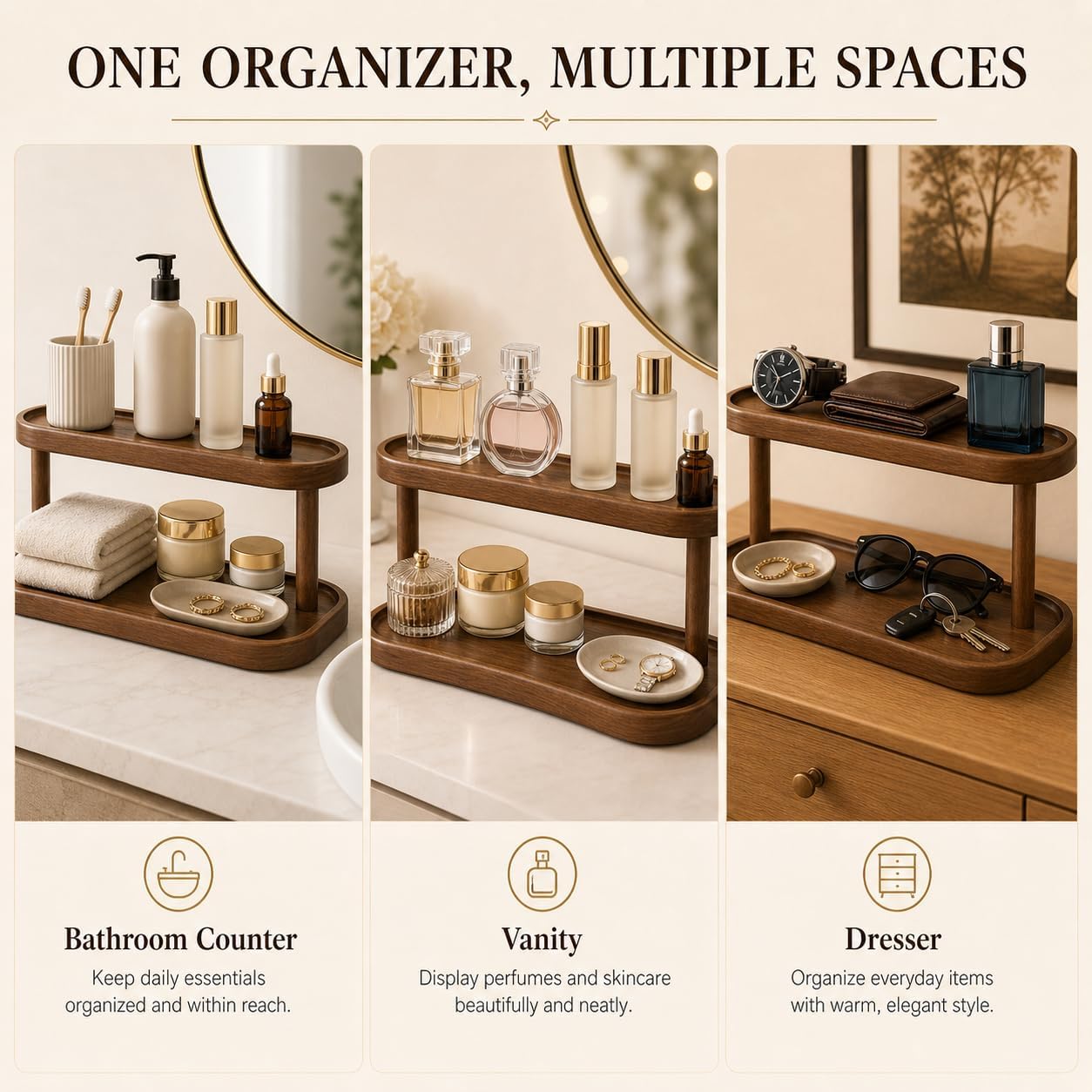 Adkoat® Two Tier Bathroom Desktop Countertop Organizer - Pine Wooden Perfume Vanity Stand Counter Shelf for Cologne Skincare Makeup Dresser Organizer - Matcha Station | Mug Display - 12.6 x 6.3 x 7.5