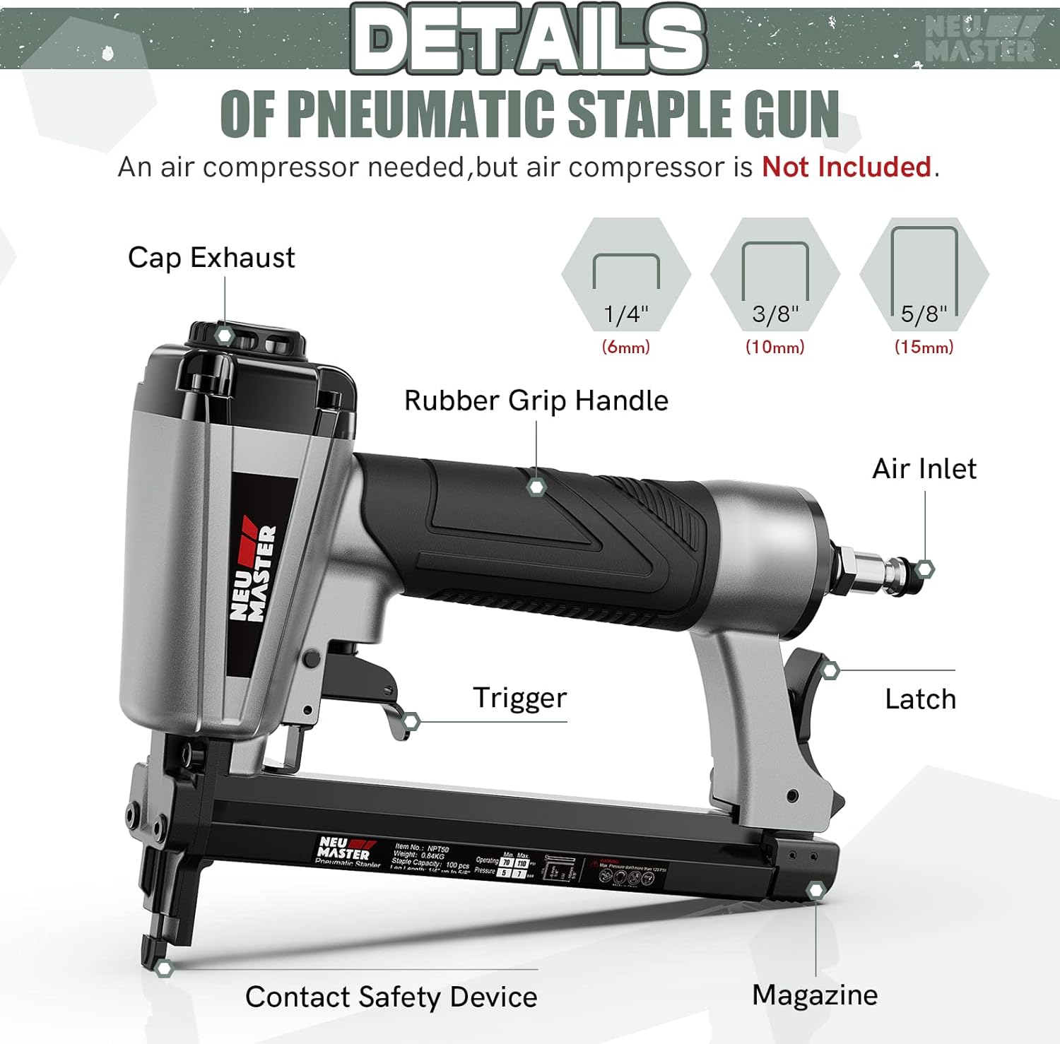 Нарийвчилсан view of the NEU MASTER 20 Gauge Pneumatic Staple Gun with labeled parts