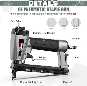 NEU MASTER Pneumatic Staple Gun, 20GA T50 Air Powered Upholstery Stapler | Contact Safety, 1500pcs 1/4, 3/8, 5/8 Staples, Works with Air Compressor(NOT Included), For Woodworking, Furniture & DIY