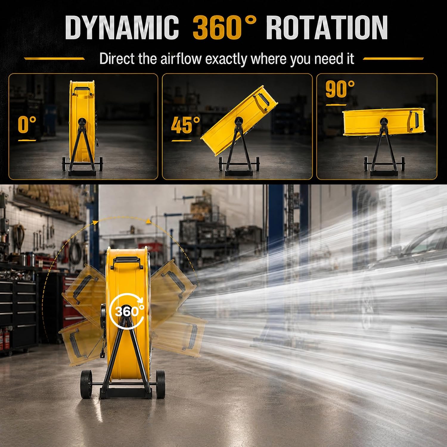 24 Inch High Velocity Floor Fan, 8800 CFM Industrial Drum Fan with 360 Degree Tilt and Wheels, Heavy Duty 3-Speed Shop Fan for Garage, Warehouse, Factory and Basement, UL Listed, Yellow