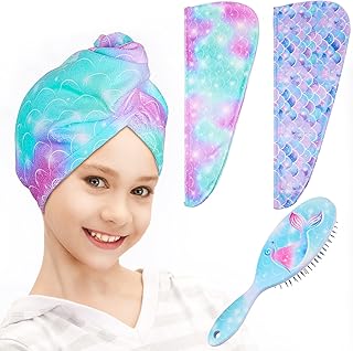 FIOBEE Microfiber Hair Towel Wrap for Kids, Hair Drying Towel Hair Turbans for Kids Wet Hair Brush Detangling Brush with S...