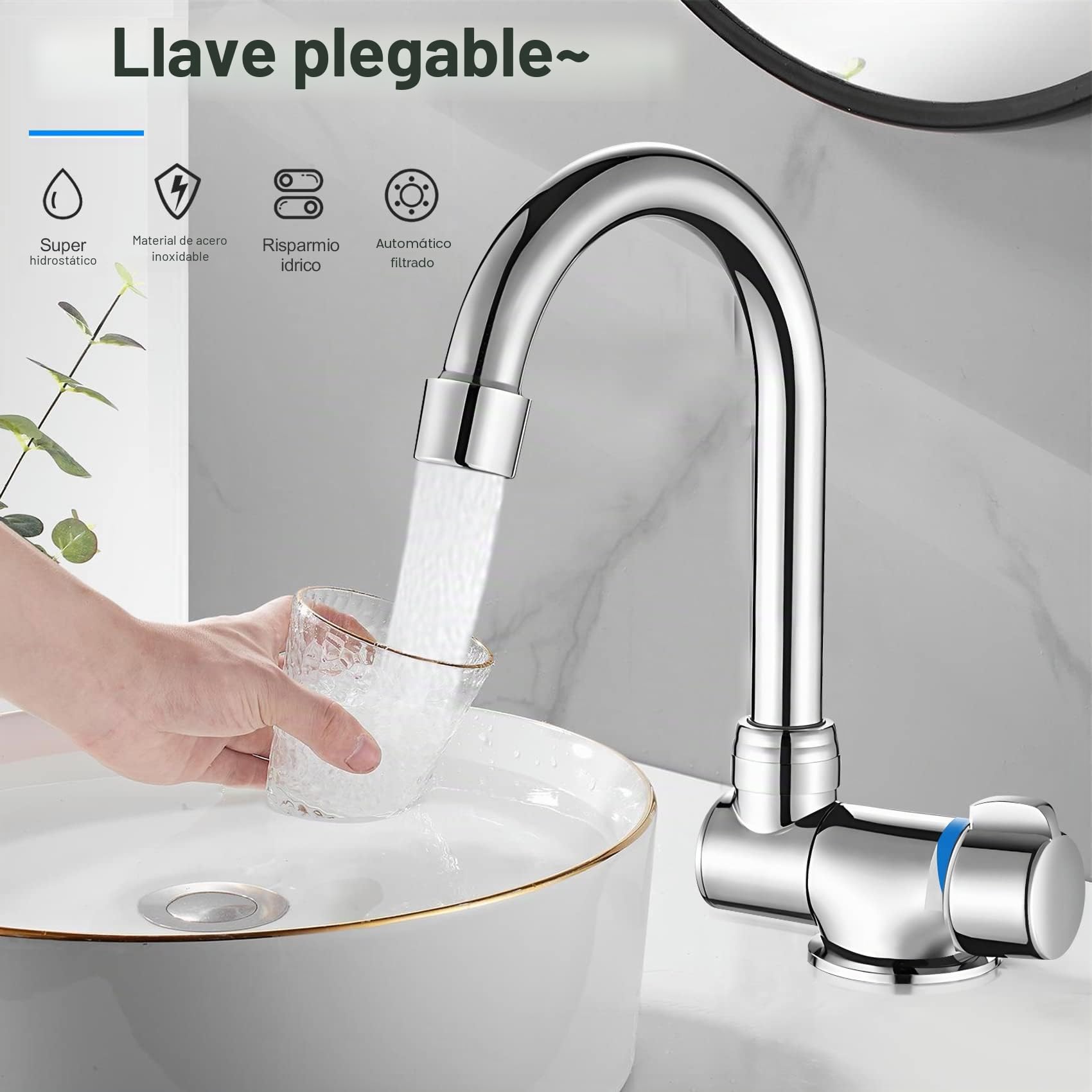 Grifo de Cocina Plegable Giratorio de 360 Grados, Monomando de Agua Fría y Caliente, Cobre para Barcos, Autocaravanas y Caravanas