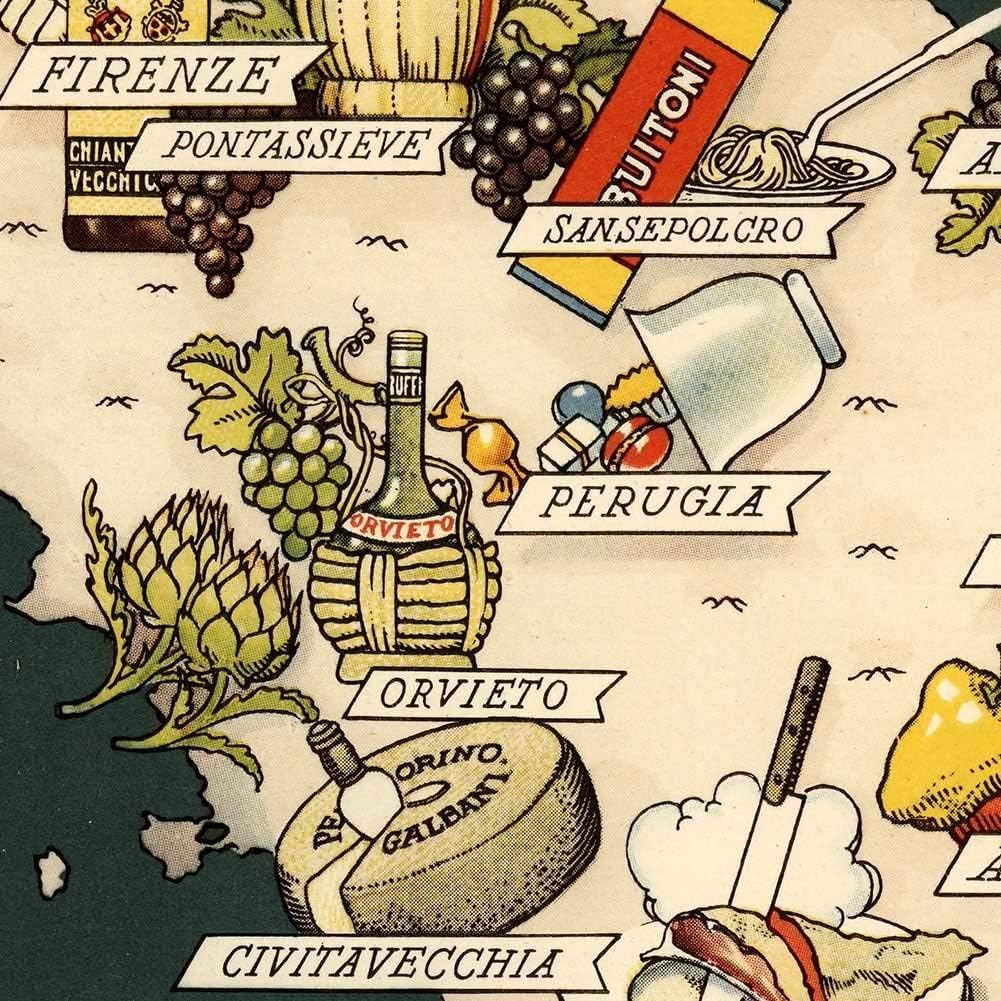 Vintage Italian Food Map Wall Art, Carta Gastronomica del Bel Paese circa 1949 by Vsevolod Niculin Cosmographus, Mediterranean Culinary Regions Poster, Decorative Gourmet Italy Kitchen Print (24 x 32 inches)