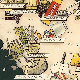 Vintage Italian Food Map Wall Art, Carta Gastronomica del Bel Paese circa 1949 by Vsevolod Niculin Cosmographus, Mediterranean Culinary Regions Poster, Decorative Gourmet Italy Kitchen Print (12 x 16 inches)