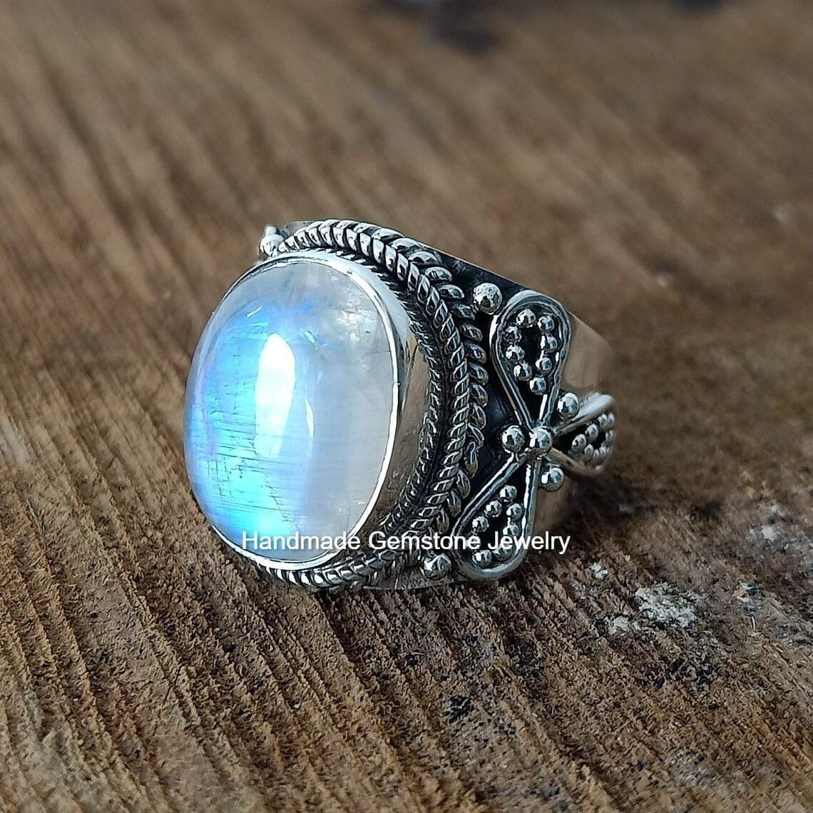 Rainbow Moonstone Ring, Artisan Design Ring, Wedding Ring, Boho Ring, Oval Stone Ring, June Birthstone Ring, Engagement Ring, Designer Ring, Healing Crystal Ring, Natural Moonstone Jewelry
