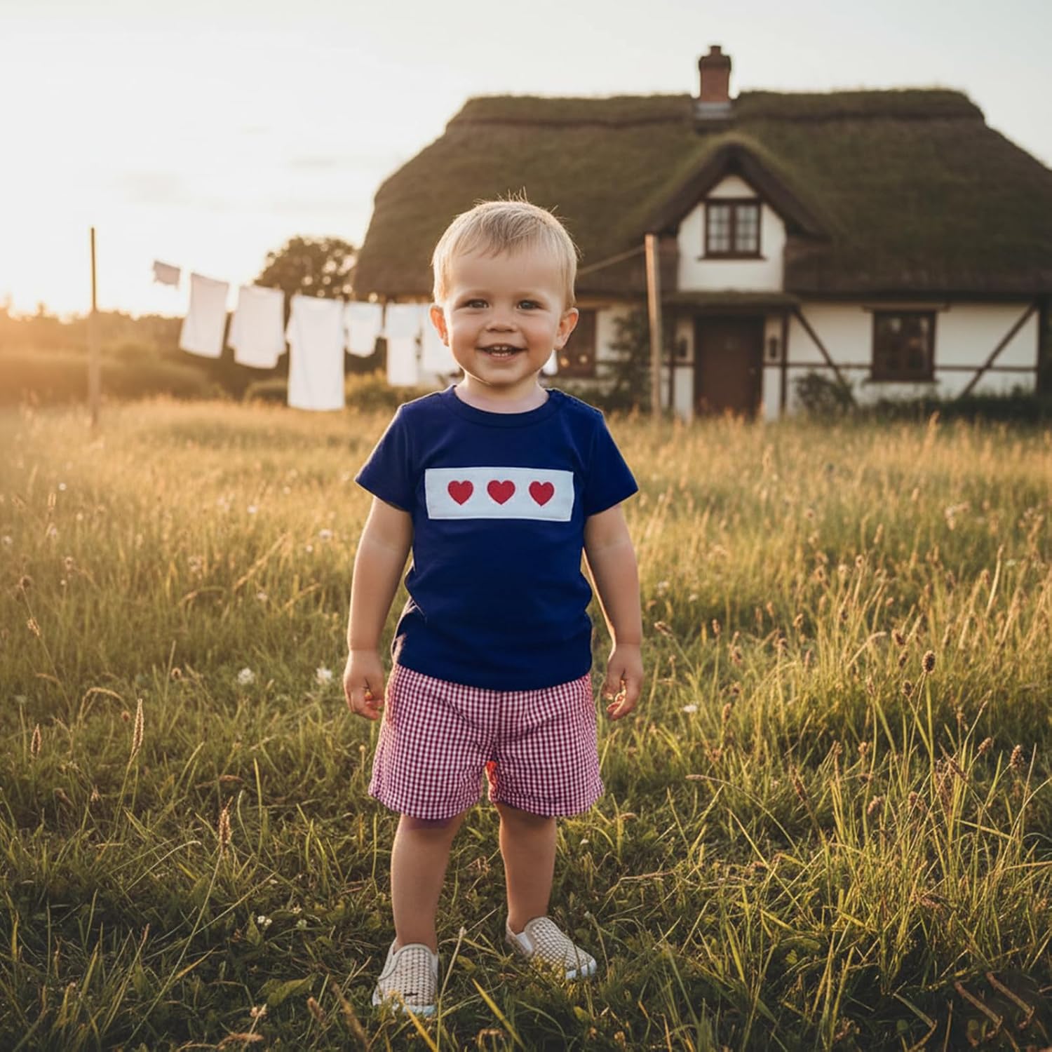 Toddler Baby Boy Valentines Outfit Heart Embroidery Short Sleeve T Shirt and Plaid Shorts 2 Piece Clothes Set - Image 3