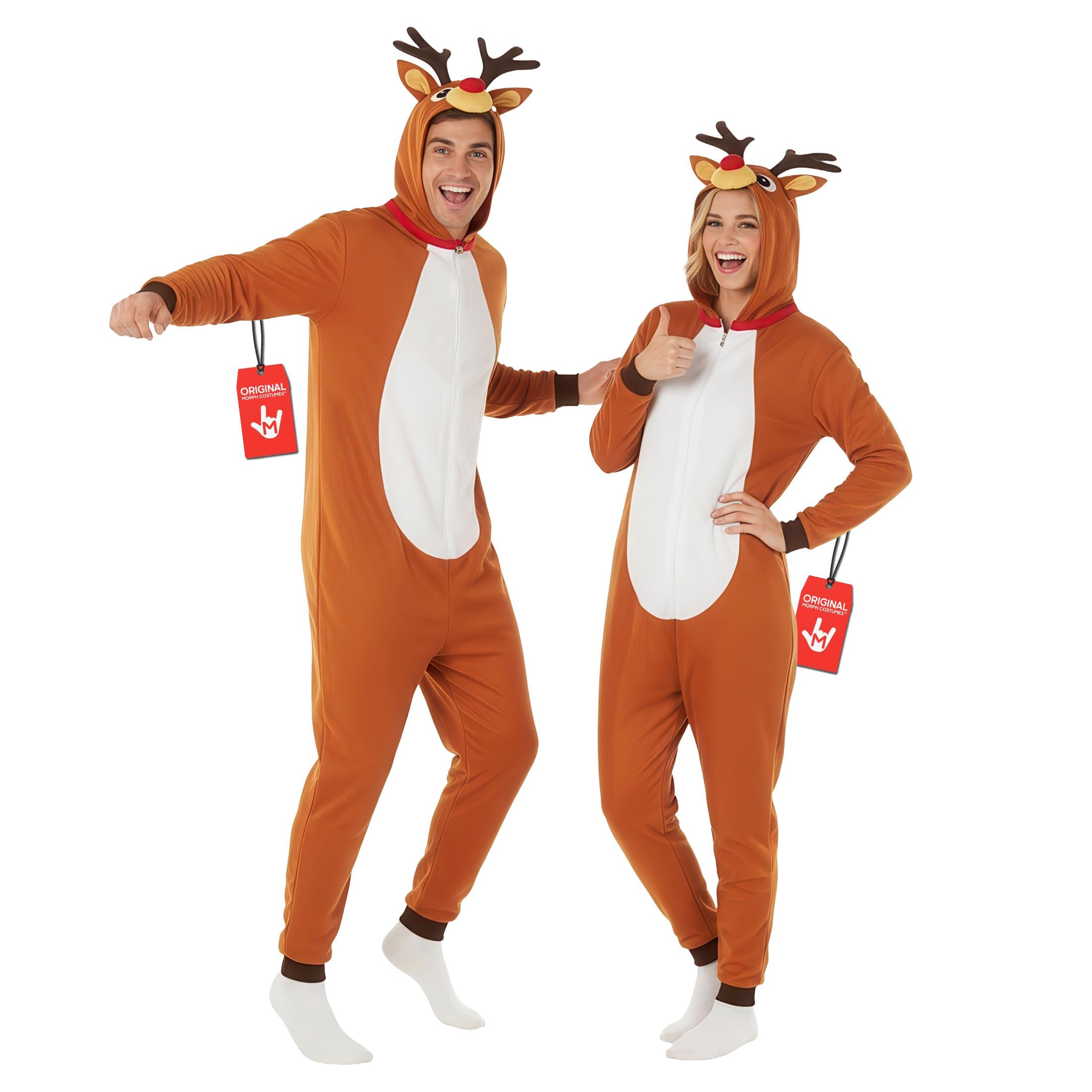 Morph Costume Renna Adulto, Tuta Halloween Uomo | Tuta con Cappuccio, Corna & Naso Rosso, Copriscarpe a Zoccolo, Perfetto per Halloween, Ideale per Travestirsi