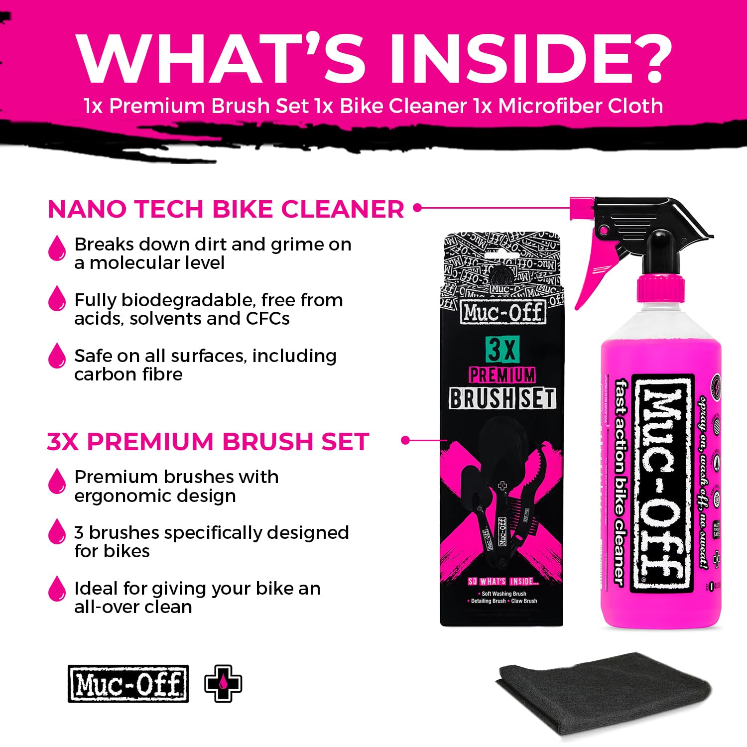 Muc-Off Nano Tech Bike Cleaner - Set di spazzole premium da 1 l e 3 spazzole per pulizia della bici, include spazzola morbida, artiglio e dettagli | Lavaggio rapido per bici da 1 l, sicuro su fibra di