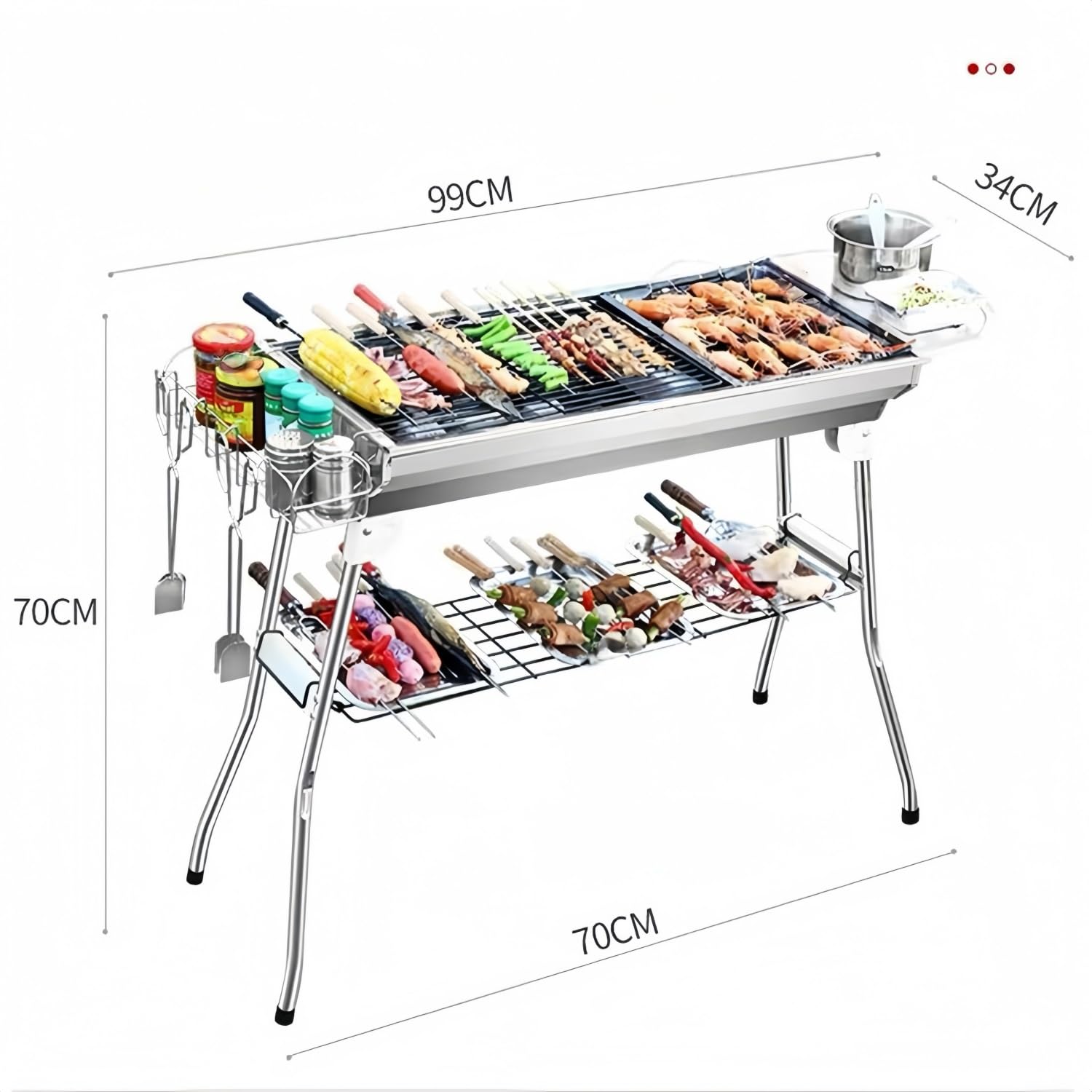 Składany grill BBQ ze stali nierdzewnej, przenośny z torbą do przechowywania, boczną półką, stojakiem na przyprawy i wiszącymi koszami, do gotowania na kempingu, w ogrodzie, na plaży i w domu