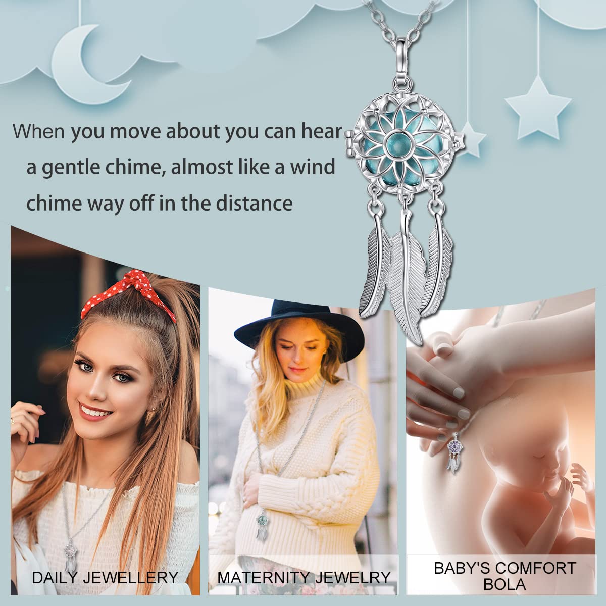 Collier Bola de Grossesse Attrape Rêves pour Femmes Enceintes avec Carillon Musique Pendentif Plume 76cm + 114cm