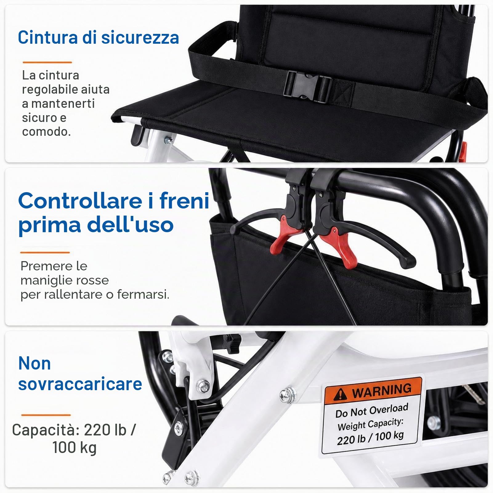 Sedia a rotelle pieghevole, leggera, 8,2 kg, con freno a mano, sedia a rotelle da viaggio per anziani e disabili, portata fino a 100 kg, compatta per viaggi, interni ed esterni