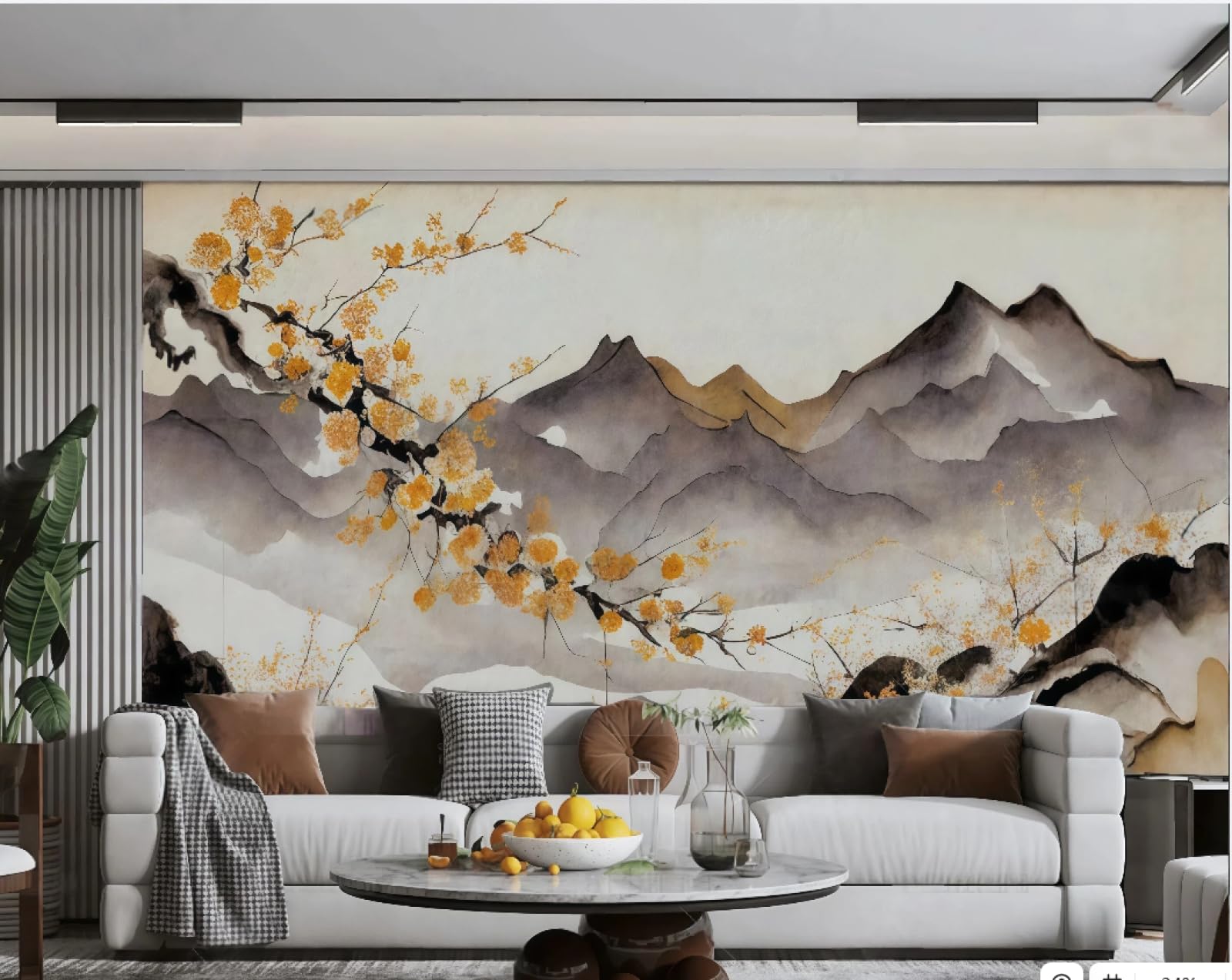 Tapeta sztuka nowoczesna żółty kwiat brzoskwini atrament chmura szczyt górski obraz olejny telewizor sofa tło tapeta ścienna salon jadalnia mural, 3D, 200 x 140 cm