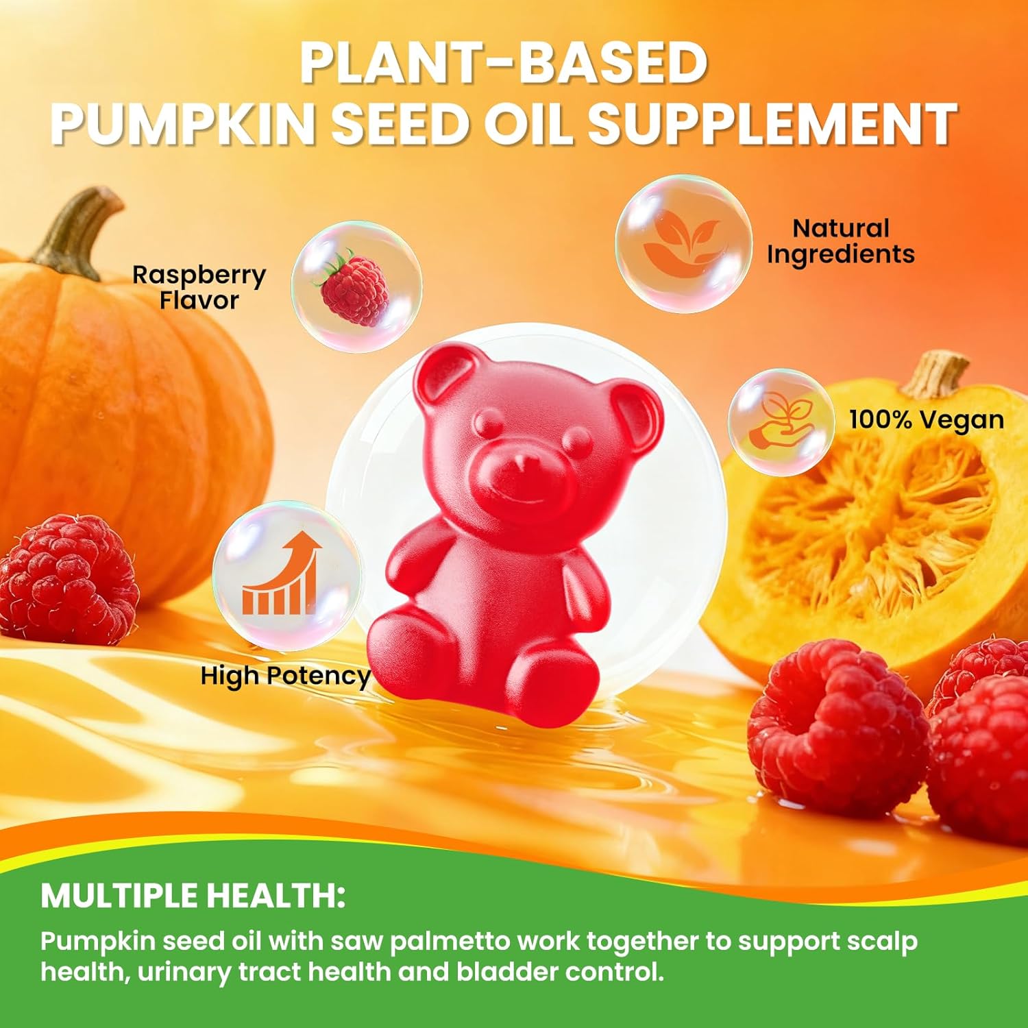 Pumpkin Seed Oil Gummies with Saw Palmetto, 3000mg Per Serving Pumpkin Seed Oil Supplement for Hair Growth, Skin Health, High Pure Extract for Women & Men, Vegan, Raspberry Flavor, 60 Count - Image 5