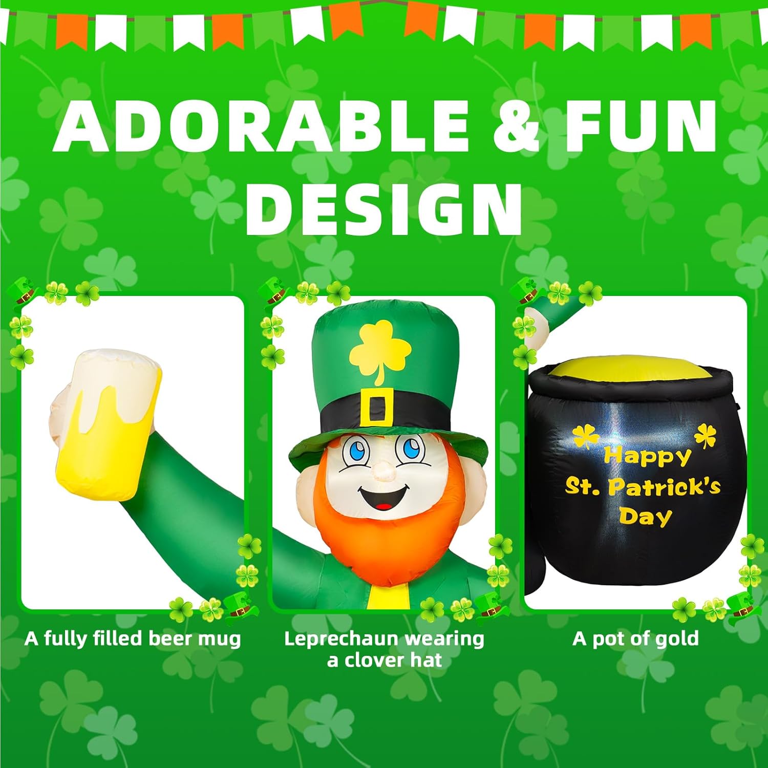 6FT St Patricks Day Inflatables Outdoor Decorations, Leprechaun Inflatable Holds Beer Cup with Pot of Gold Built-in LED Lights, St Patricks Day Decorations for Party Holiday Yard Garden Decor