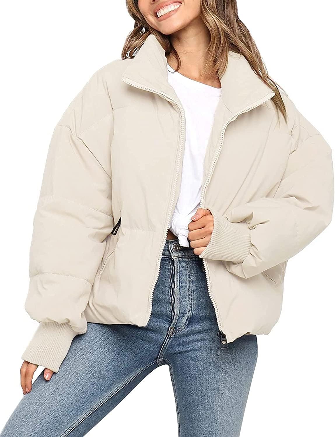 MEROKEETY Women's Winter Puffer Jacket Long Sleeve Short Warm Quilted Baggy Coats 2025 Outerwear