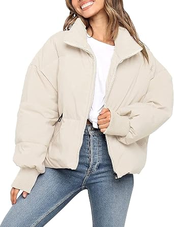 MEROKEETY Womens Winter Puffer Jacket Long Sleeve Trendy Warm Quilted Baggy Coats 2026 Short Outerwear