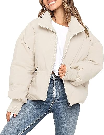 MEROKEETY Women's Winter Long Sleeve Zip Puffer Jacket Pockets Baggy Short Down Coats
