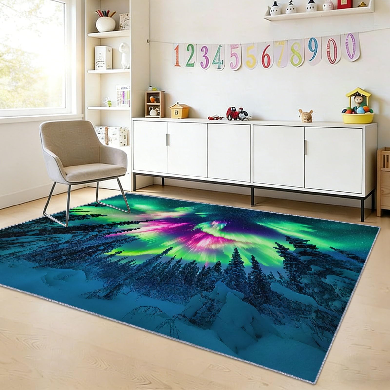 Dywan do salonu 140 x 200 cm pejzaż z sosną Aurora można prać w pralce, antypoślizgowy dywan do sypialni sypialni biuro krótkie włosy, kolor