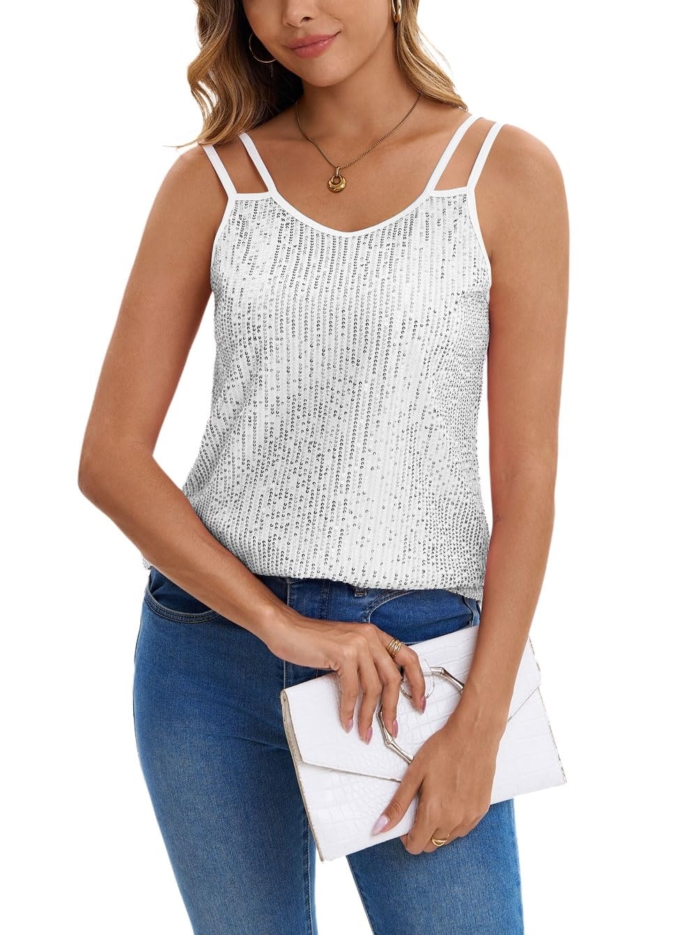 Chalecos sin mangas con lentejuelas para mujer, cuello en V, brillantes