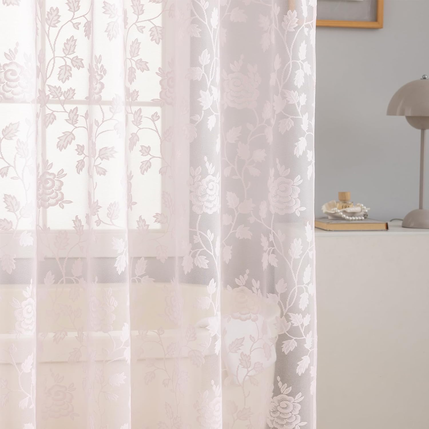 TERLYTEX Pink Lace Shower Curtain, 1 Panel, 72 x 72 Inch, Country Rustic Vine Floral Leaves Patterned Sheer Lace Shower Curtain with Attached Valance for Bathroom Vintage Farmhouse Decor